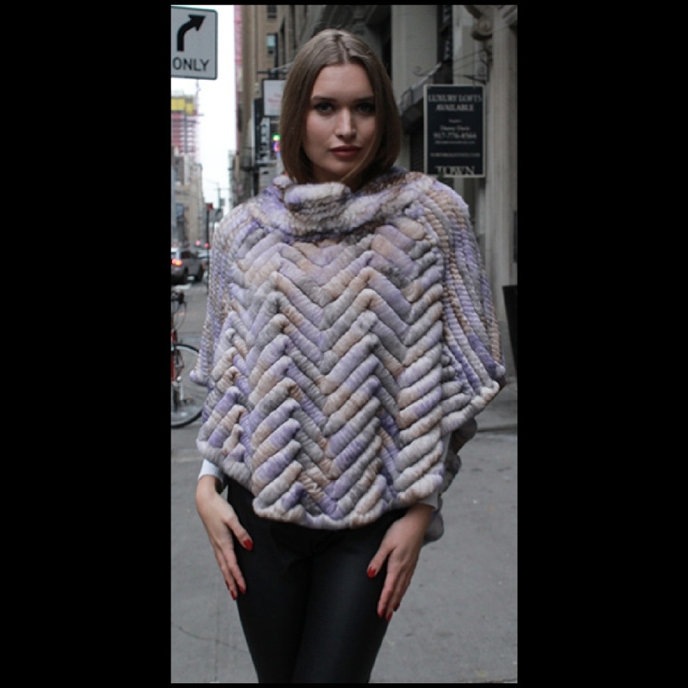 Colorful Knit Rex Rabbit Fur Poncho - Picture 2 of 3